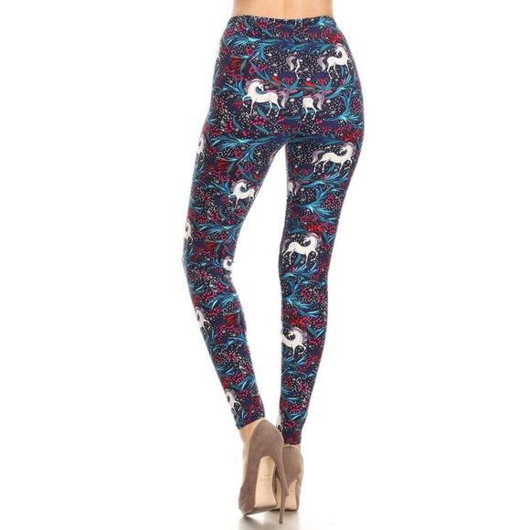 Plus Size‎ Unicorns Printed High-Waisted Leggings In A Fitted Elastic Waistband. - Picture 2 of 4